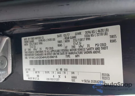 2017 Ford Escape Se from USA, damaged, VIN 1FMCU0GD4HUD39015